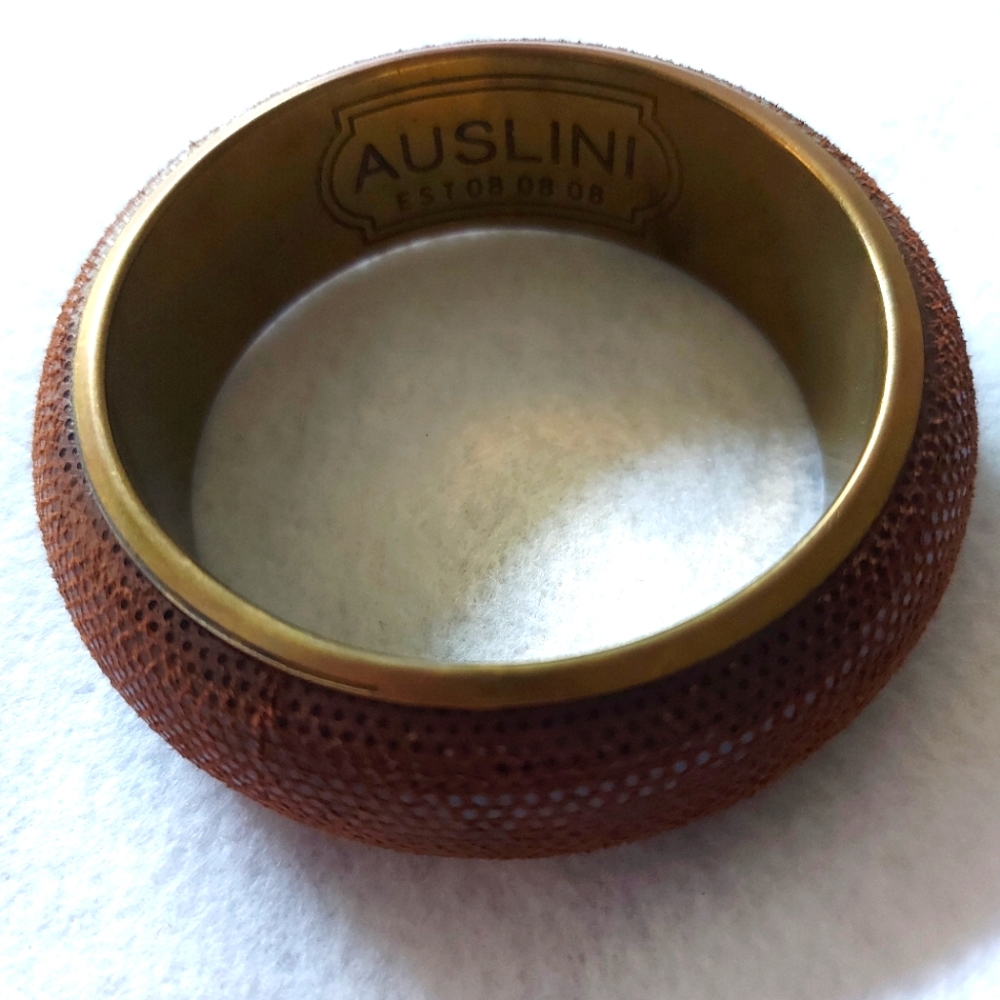 Stamped Auslini brass and brown textured outer, bangle bracelet